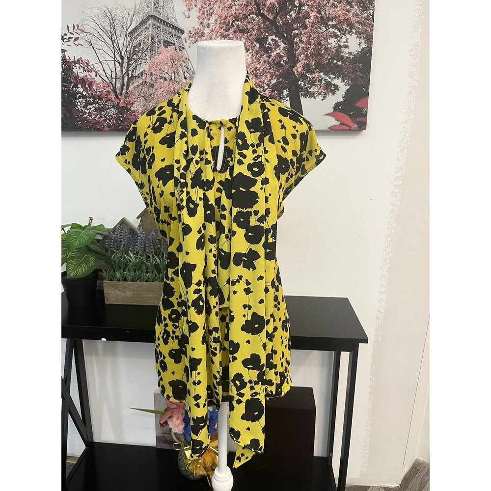 Worthington Blouse XL Yellow Black Floral Tie Neck Sleeveless Pleated Top Shirt